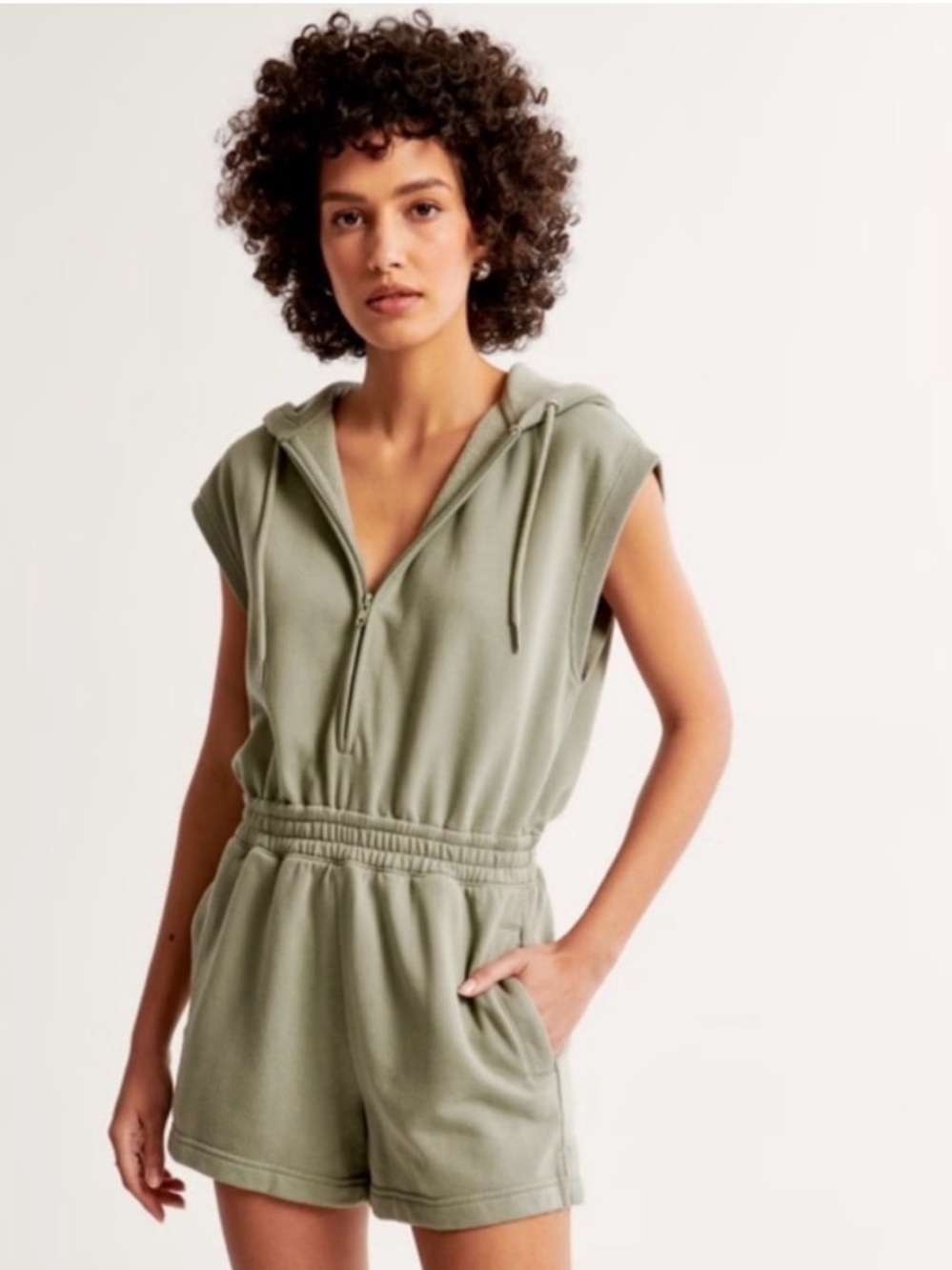 Abercrombie & Fitch Sleeveless Hooded Romper in Light Sage